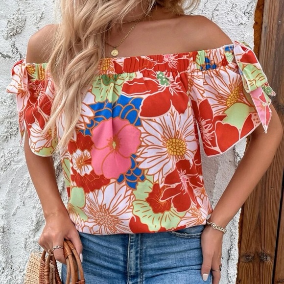 Boho floral print off shoulder blouse - Picture 4 of 6